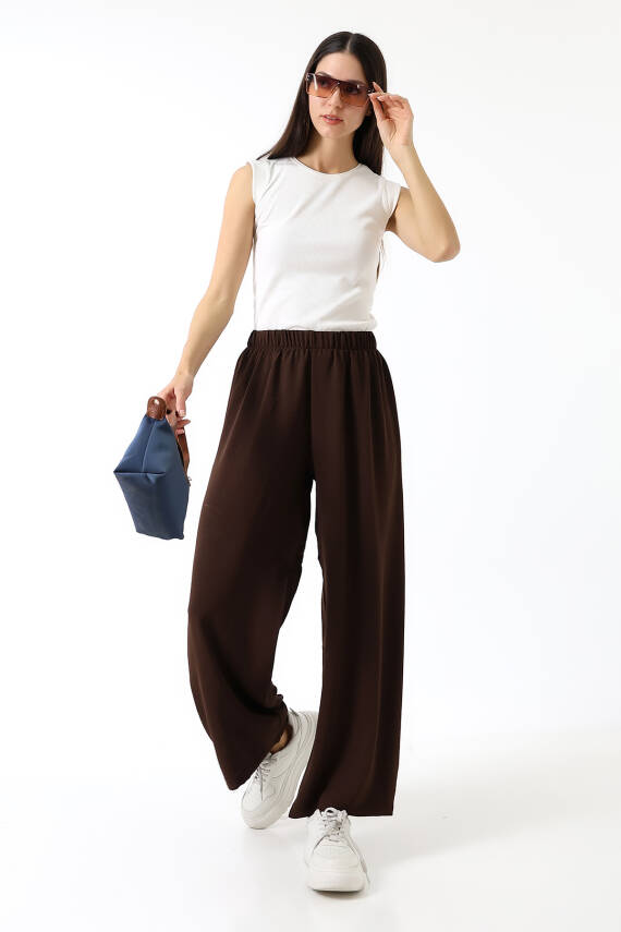 Beli Elastik Geniş Paça Pantolon - Acı Kahve - 1