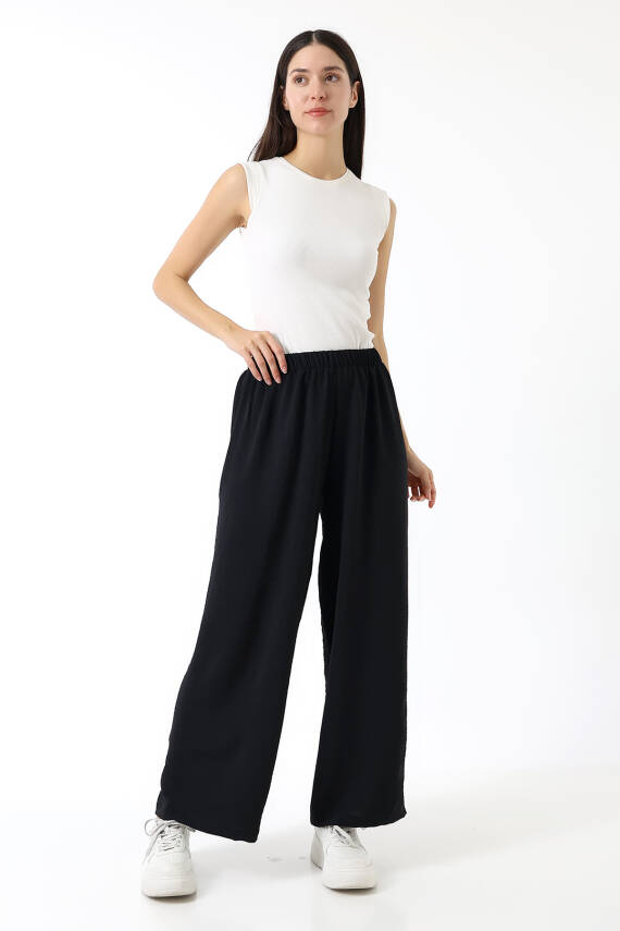 Beli Elastik Geniş Paça Pantolon - Siyah - 1